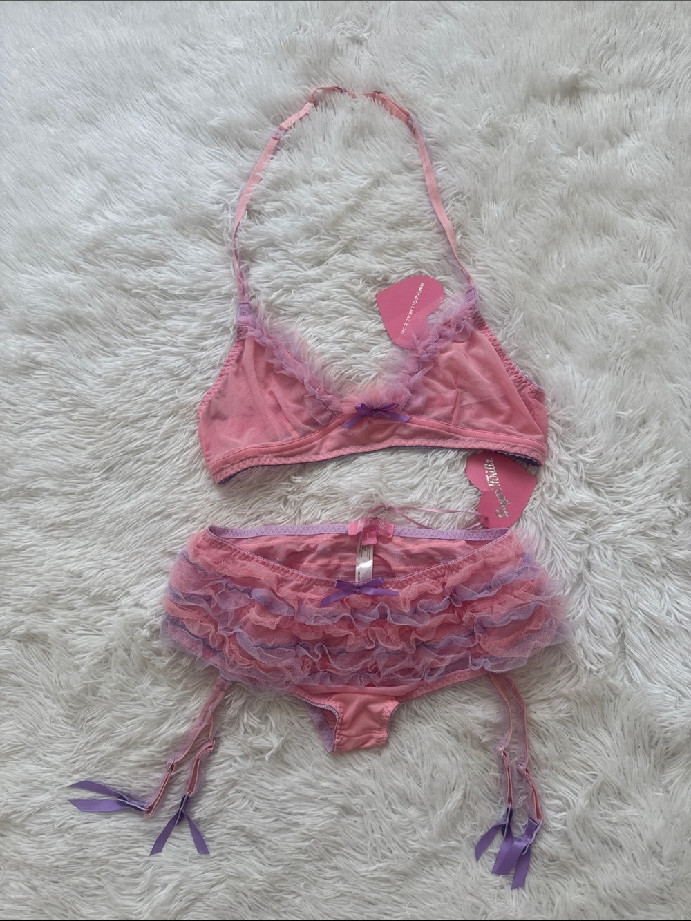 NWT Sugar thrillz Pink & Lavender Ruffle Lace Lingerie Set L
